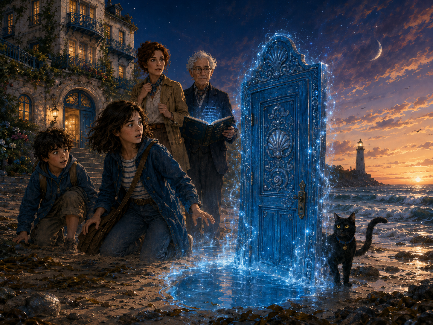 The blue door rises from the tide as the Guest Book writes Nora, Sam and Iris Bell