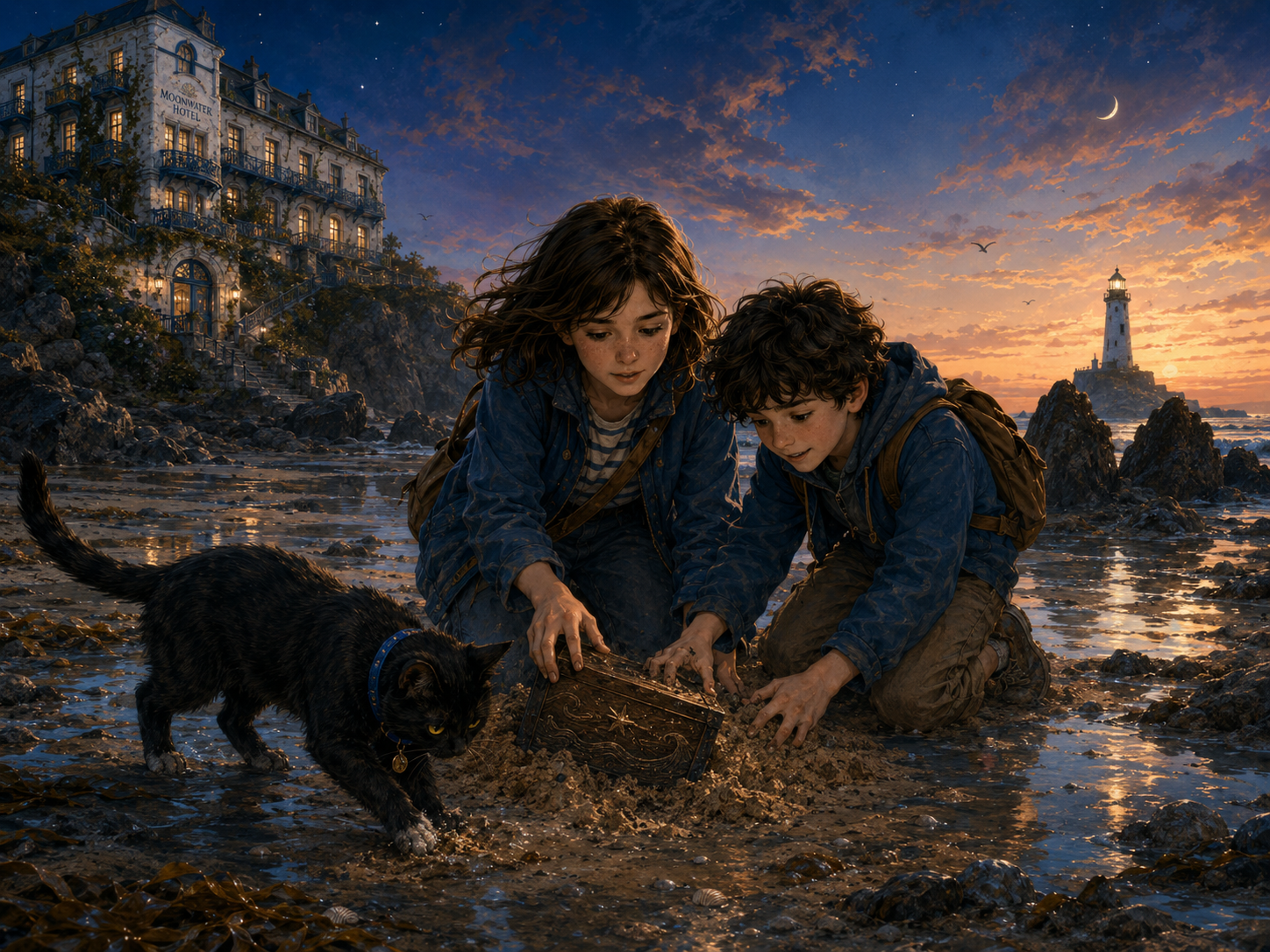 Nora and Sam uncover a small wooden box on the beach while Morrow watches