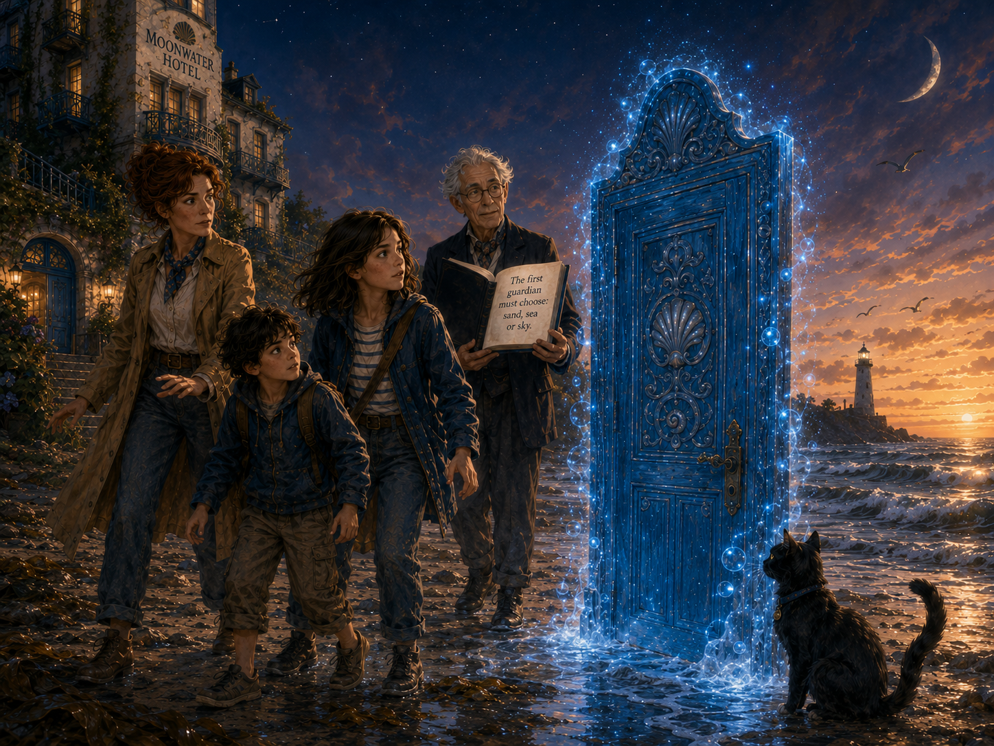 The blue door waits in the wet sand while Mr Vale holds the Guest Book