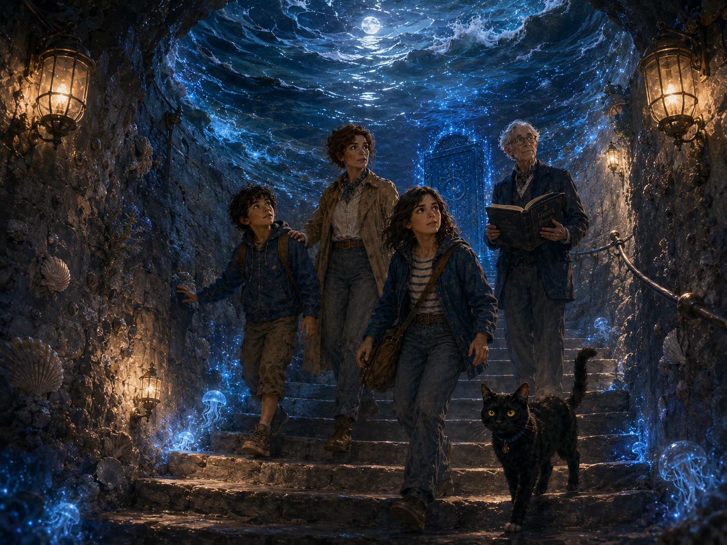 Nora, Sam, Aunt Iris and Mr Vale descend the stairs under the moving tide